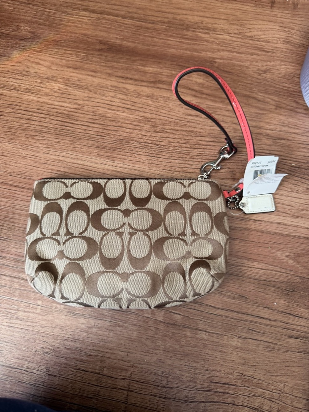 Coach Signature Canvas Wristlet Coral Trim Zip Pouch - Picture 2 of 3